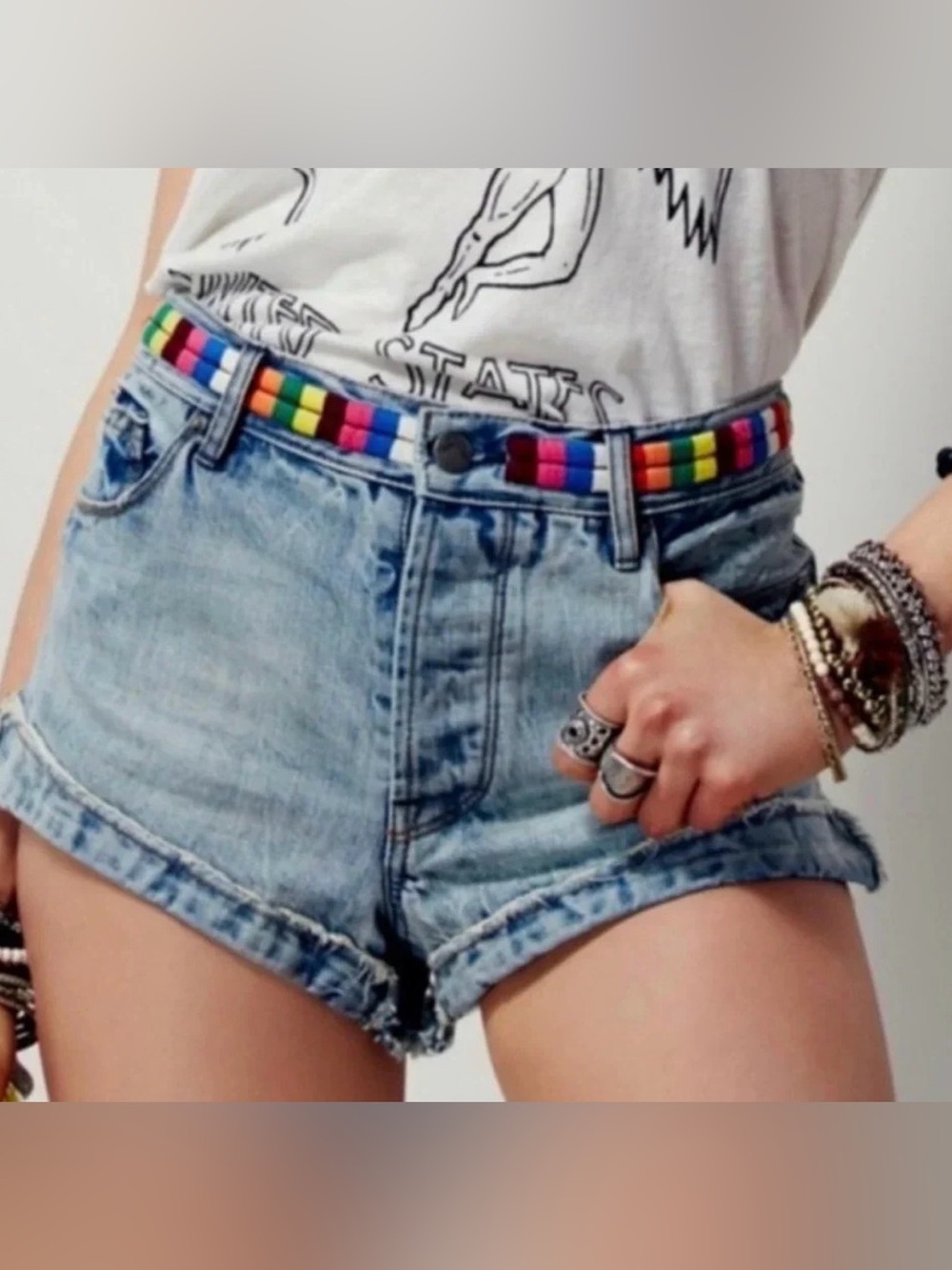 Free People Women’s Light Blue Denim Shorts with embroidered belt